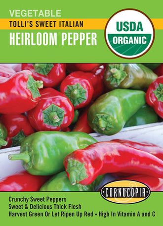 Visuel officiel de Cornucopia associé aux semences de Poivron ‘Tolli’s Sweet Italian’, référence CS542. Ce poivron peut être récolté vert à pleine taille ou laissé sur la plante jusqu’à sa coloration rouge. Le semencier recommande un démarrage à l’intérieur et une plantation dans un sol fertile lorsque les nuits sont suffisamment douces.