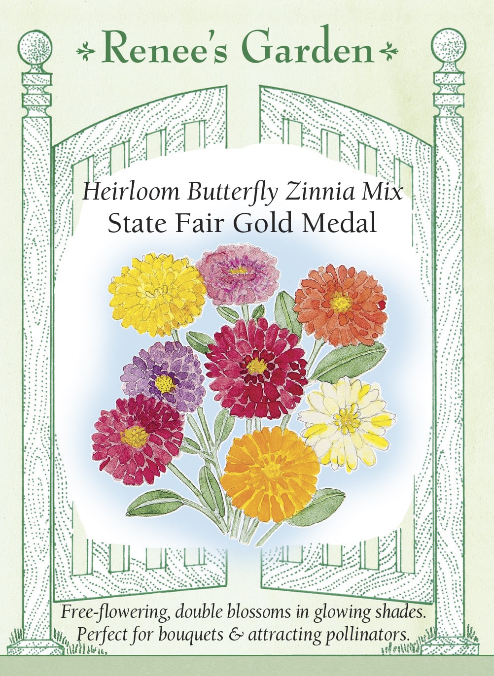 Visuel officiel de Renee's Garden associé aux semences de Zinnias en mélange State Fair Gold Medal, référence RN5440. Ce mélange offre de grandes fleurs doubles sur de longues tiges. Les plantes ramifiées conviennent aux massifs et aux récoltes répétées de fleurs coupées. Les fleurs aux couleurs variées sont visitées par les papillons et d’autres pollinisateurs.