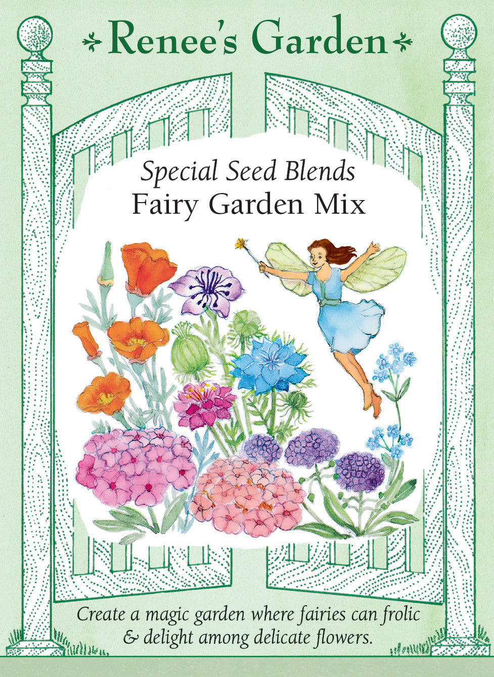 Visuel officiel de Renee's Garden associé aux semences de Fleurs en mélange Fairy Garden Mix, référence RN5441. Ce mélange contient à parts égales des nigelles, des pavots de Californie, des phlox annuels, des myosotis et des alysses. Le semencier l’a composé pour un petit jardin aux fleurs délicates et aux couleurs douces. Les espèces conservent leurs différences de port et de floraison. Il ne s’agit pas d’une variété unique.