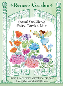 Visuel officiel de Renee's Garden associé aux semences de Fleurs en mélange Fairy Garden Mix, référence RN5441. Ce mélange contient à parts égales des nigelles, des pavots de Californie, des phlox annuels, des myosotis et des alysses. Le semencier l’a composé pour un petit jardin aux fleurs délicates et aux couleurs douces. Les espèces conservent leurs différences de port et de floraison. Il ne s’agit pas d’une variété unique.