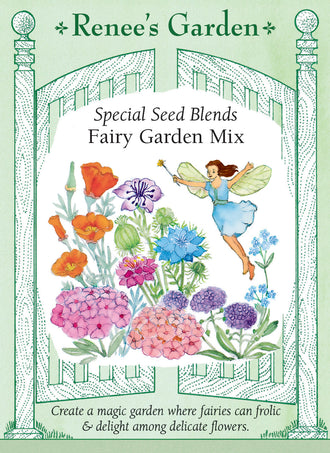 Visuel officiel de Renee's Garden associé aux semences de Fleurs en mélange Fairy Garden Mix, référence RN5441. Ce mélange contient à parts égales des nigelles, des pavots de Californie, des phlox annuels, des myosotis et des alysses. Le semencier l’a composé pour un petit jardin aux fleurs délicates et aux couleurs douces. Les espèces conservent leurs différences de port et de floraison. Il ne s’agit pas d’une variété unique.