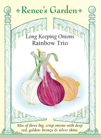 Visuel officiel de Renee's Garden pour les semences « Oignons en mélange Rainbow Trio », référence RN5447. Ce mélange contient à parts égales ‘Red Label F1’, ‘White Wing F1’ et ‘Almagro F1’. Il réunit des oignons rouges, blancs et dorés, de photopériode intermédiaire selon le semencier. Les bulbes sont décrits comme gros, fermes et aptes à la conservation. Les trois couleurs offrent des possibilités variées pour la cuisine quotidienne.