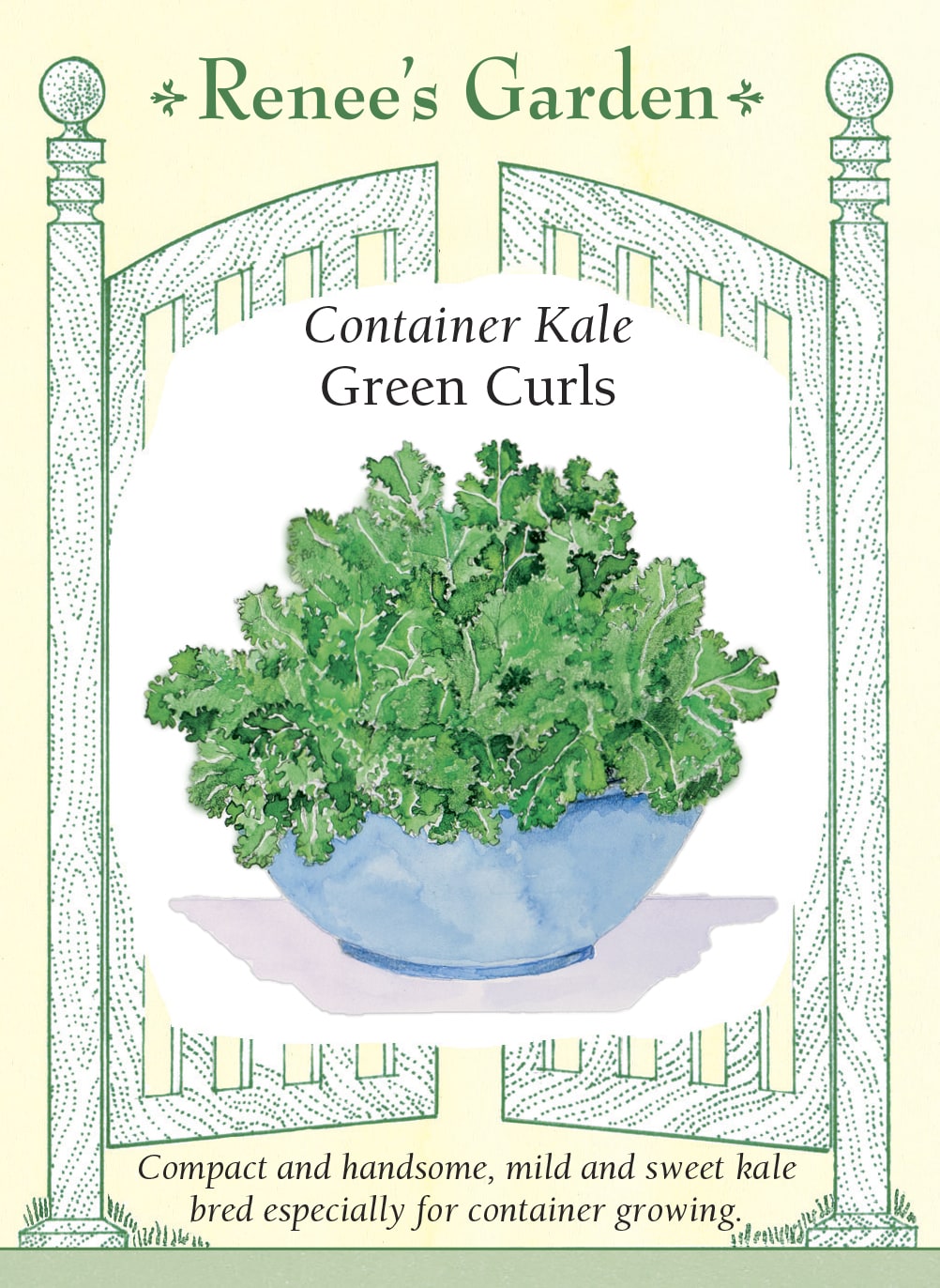 Visuel officiel de Renee's Garden pour les semences « Chou frisé ‘Green Curls’ », référence RN5451. Ce chou frisé compact atteint environ 38 cm (15 po), ce qui le rend intéressant pour les contenants. Les feuilles bleu-vert foncé sont fortement froncées et portées par de courtes tiges. Le semencier décrit une texture tendre et une saveur douce rappelant la noisette. Les récoltes peuvent être échelonnées en prélevant les feuilles tout en préservant le centre du plant.