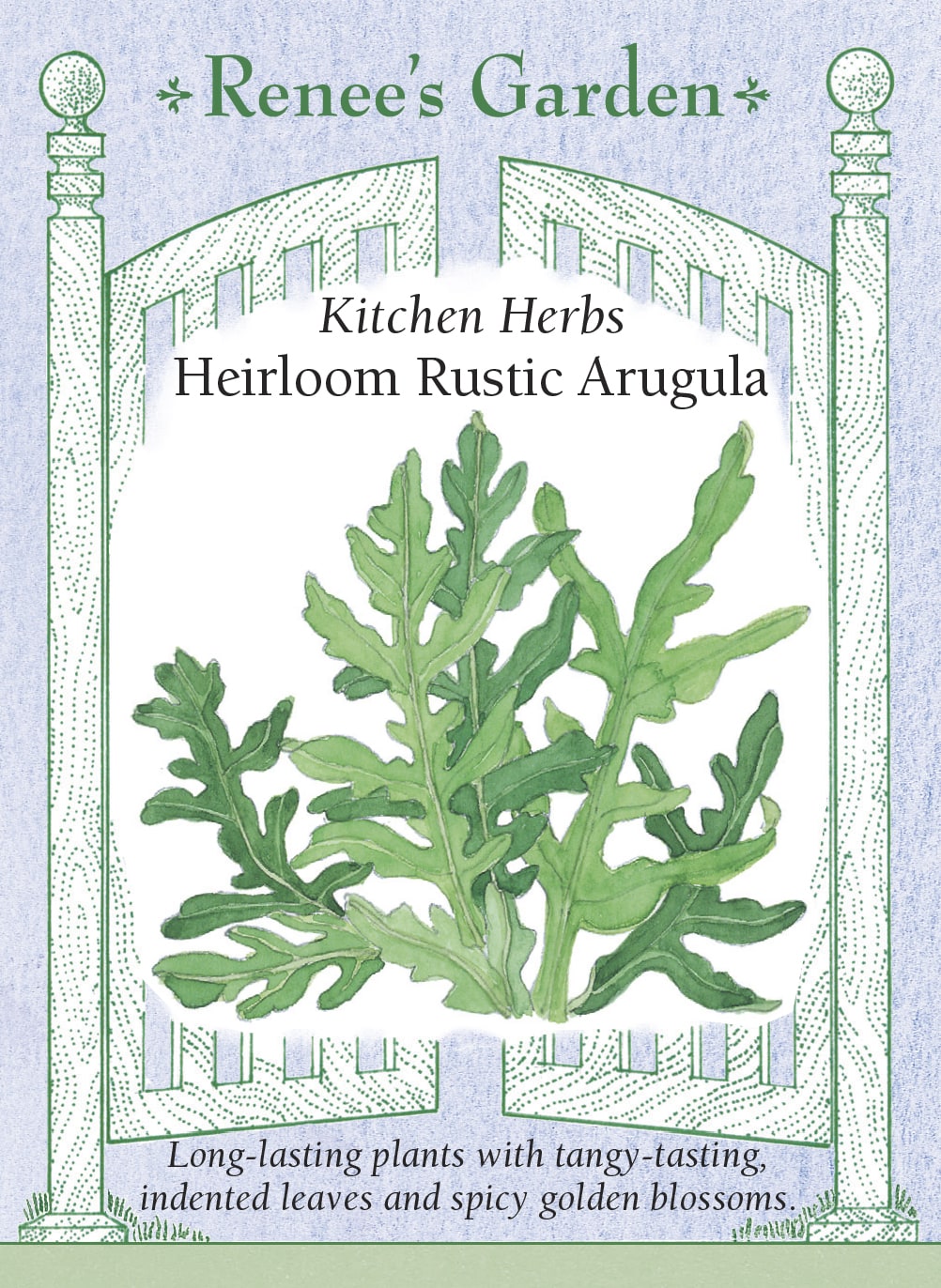 Visuel officiel de Renee's Garden pour les semences « Roquette sauvage », référence RN5452. Cette référence appartient à Diplotaxis tenuifolia. Les feuilles vert foncé sont profondément découpées et leur saveur est plus concentrée que celle de la roquette cultivée. Le semencier décrit une croissance plus lente et une récolte prolongée. Les petites fleurs jaunes sont aussi mentionnées comme comestibles.