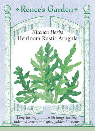 Visuel officiel de Renee's Garden pour les semences « Roquette sauvage », référence RN5452. Cette référence appartient à Diplotaxis tenuifolia. Les feuilles vert foncé sont profondément découpées et leur saveur est plus concentrée que celle de la roquette cultivée. Le semencier décrit une croissance plus lente et une récolte prolongée. Les petites fleurs jaunes sont aussi mentionnées comme comestibles.