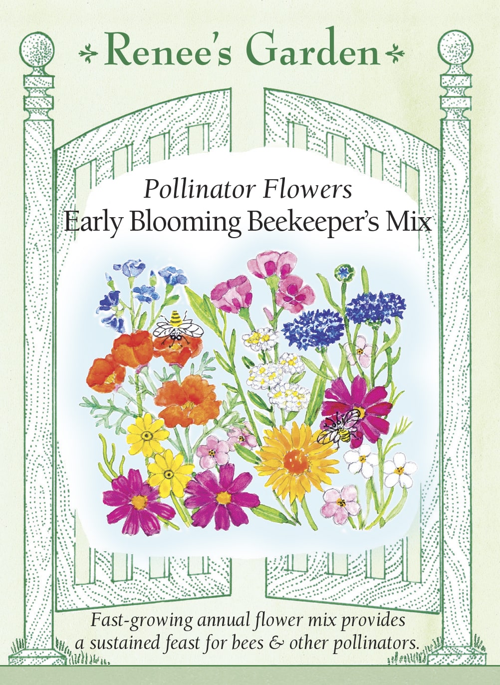 Visuel officiel de Renee's Garden associé aux semences de Fleurs en mélange Early Blooming Beekeeper’s Mix, référence RN5460. Ce mélange annuel réunit notamment des calendules, des centaurées, des cosmos, des pavots et d’autres fleurs de différentes formes. Le semencier le propose pour une floraison échelonnée et l’accueil des pollinisateurs. Il s’agit d’une composition de plusieurs espèces, dont les hauteurs et les périodes de floraison varient.
