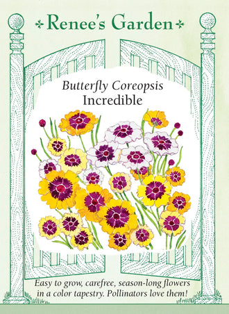 Visuel officiel de Renee's Garden associé aux semences de Coréopsis en mélange Incredible, référence RN5461. Ce mélange réunit des fleurs crème, jaunes, rouges et bordeaux au-dessus d’un feuillage léger. Le semencier décrit une floraison prolongée de l’été jusqu’au froid. Les plants sont proposés pour les plates-bandes et les bouquets. Les différences de couleur font partie de la composition du mélange.