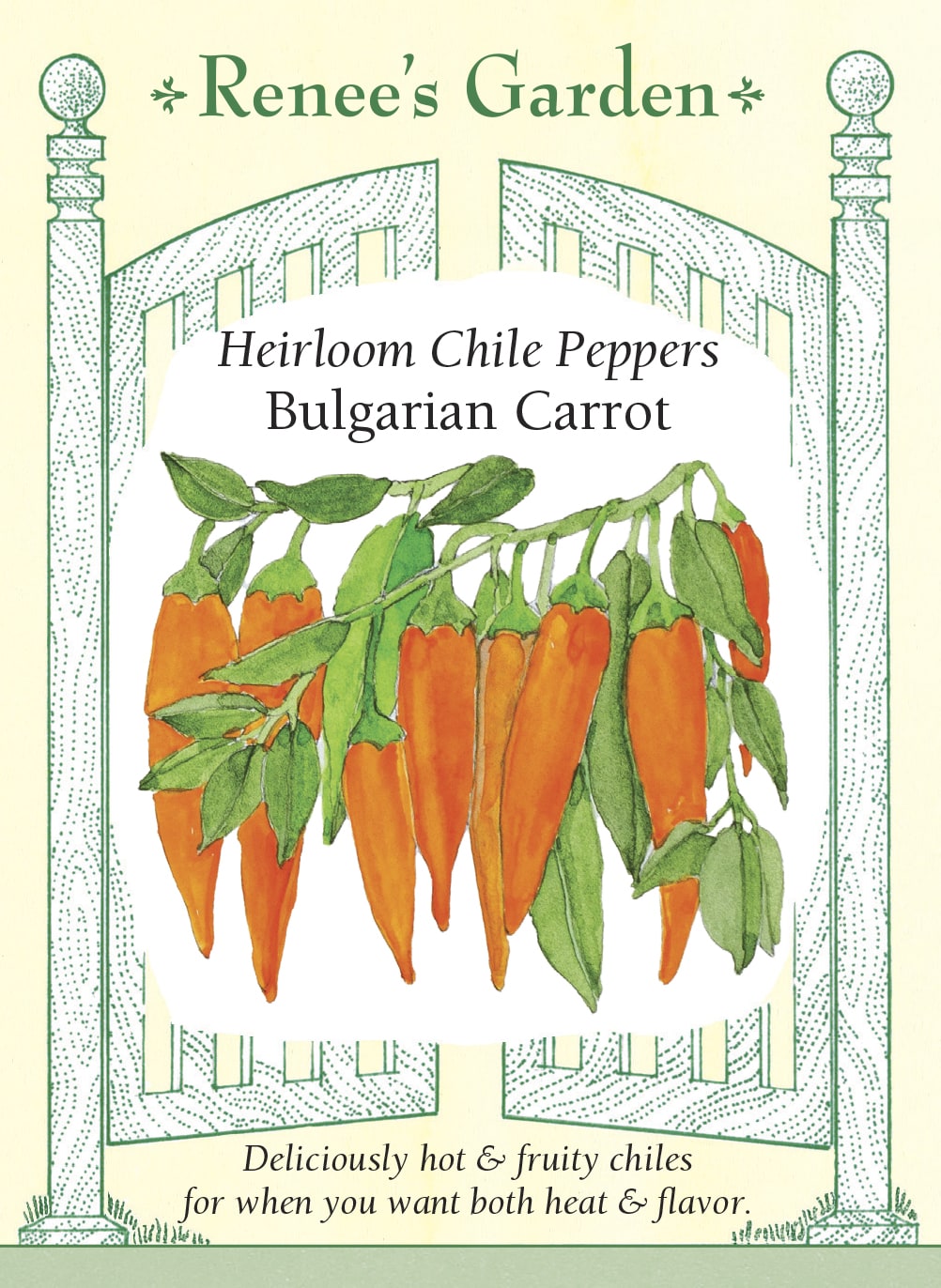 Visuel officiel de Renee's Garden pour les semences « Piment ‘Bulgarian Carrot’ », référence RN5467. Aussi connu sous le nom Shipka, ce piment compact porte des fruits orange lustrés d’environ 8 cm (3 po), dont la forme évoque une petite carotte. Le semencier décrit une saveur fruitée et piquante. Les parois épaisses et croquantes conviennent aux sauces, aux salsas et aux préparations de piments.