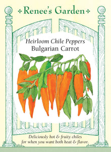 Visuel officiel de Renee's Garden pour les semences « Piment ‘Bulgarian Carrot’ », référence RN5467. Aussi connu sous le nom Shipka, ce piment compact porte des fruits orange lustrés d’environ 8 cm (3 po), dont la forme évoque une petite carotte. Le semencier décrit une saveur fruitée et piquante. Les parois épaisses et croquantes conviennent aux sauces, aux salsas et aux préparations de piments.