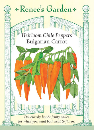 Visuel officiel de Renee's Garden pour les semences « Piment ‘Bulgarian Carrot’ », référence RN5467. Aussi connu sous le nom Shipka, ce piment compact porte des fruits orange lustrés d’environ 8 cm (3 po), dont la forme évoque une petite carotte. Le semencier décrit une saveur fruitée et piquante. Les parois épaisses et croquantes conviennent aux sauces, aux salsas et aux préparations de piments.