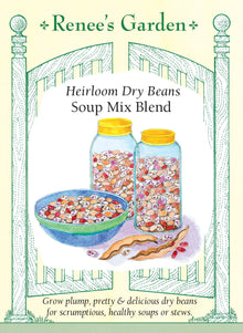 Visuel officiel de Renee's Garden pour les semences « Haricots nains secs en mélange Soup Mix Blend », référence RN5469. Ce mélange de haricots secs comprend ‘Burgundy Jacob’s Cattle’, ‘Golden Jacob’s Cattle’, ‘Yellow Indian Woman’ et ‘Hidatsa Red’. Les grains présentent plusieurs couleurs et se prêtent aux soupes, aux chilis et aux mijotés après une cuisson complète. Les variétés ont été réunies pour être cultivées dans une même planche.