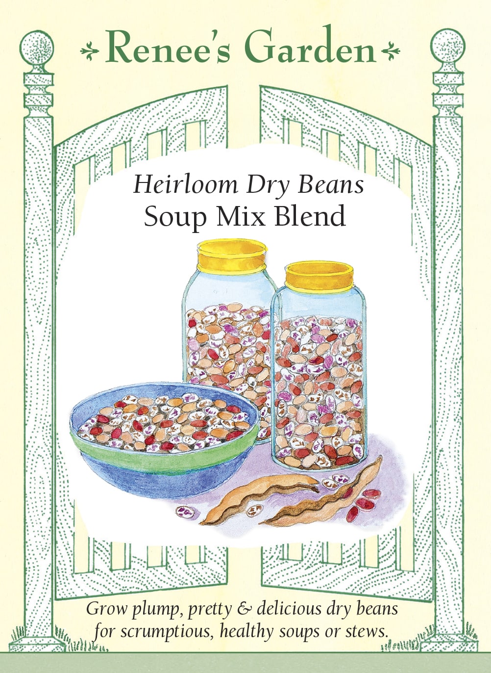 Visuel officiel de Renee's Garden pour les semences « Haricots nains secs en mélange Soup Mix Blend », référence RN5469. Ce mélange de haricots secs comprend ‘Burgundy Jacob’s Cattle’, ‘Golden Jacob’s Cattle’, ‘Yellow Indian Woman’ et ‘Hidatsa Red’. Les grains présentent plusieurs couleurs et se prêtent aux soupes, aux chilis et aux mijotés après une cuisson complète. Les variétés ont été réunies pour être cultivées dans une même planche.
