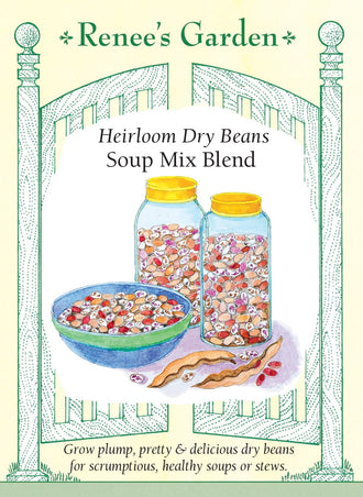Visuel officiel de Renee's Garden pour les semences « Haricots nains secs en mélange Soup Mix Blend », référence RN5469. Ce mélange de haricots secs comprend ‘Burgundy Jacob’s Cattle’, ‘Golden Jacob’s Cattle’, ‘Yellow Indian Woman’ et ‘Hidatsa Red’. Les grains présentent plusieurs couleurs et se prêtent aux soupes, aux chilis et aux mijotés après une cuisson complète. Les variétés ont été réunies pour être cultivées dans une même planche.