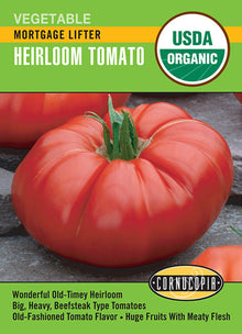 Visuel officiel de Cornucopia associé aux semences de Tomate ‘Mortgage Lifter’, référence CS547. Cette référence propose la variété de tomate Mortgage Lifter. La culture demande un sol fertile et un arrosage suivi pendant la formation et le grossissement des fruits. Cette image accompagne la fiche de cette sélection et permet de repérer le produit correspondant dans le catalogue de semences.
