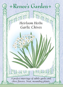 Visuel officiel de Renee's Garden associé aux semences de Ciboulette à l’ail, référence RN5472. Cette ciboulette porte des feuilles plates et étroites, avec une saveur qui rappelle l’ail. Le semencier l’identifie comme Allium tuberosum et mentionne des fleurs blanches comestibles. Les feuilles se récoltent pour les garnitures et la cuisine. La forme plate des feuilles la distingue de la ciboulette commune.