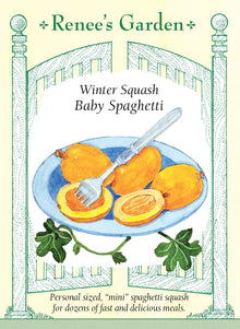 Visuel officiel de Renee's Garden pour les semences « Courge spaghetti ‘Baby Spaghetti’ », référence RN5511. Cette petite courge spaghetti mesure environ 10 à 13 cm (4 à 5 po). Les fruits dorés poussent sur des tiges relativement compactes qui peuvent être guidées sur un support. Après cuisson, la chair se détache en filaments. Le semencier souligne le petit format des fruits et leur aptitude à la conservation après récolte.