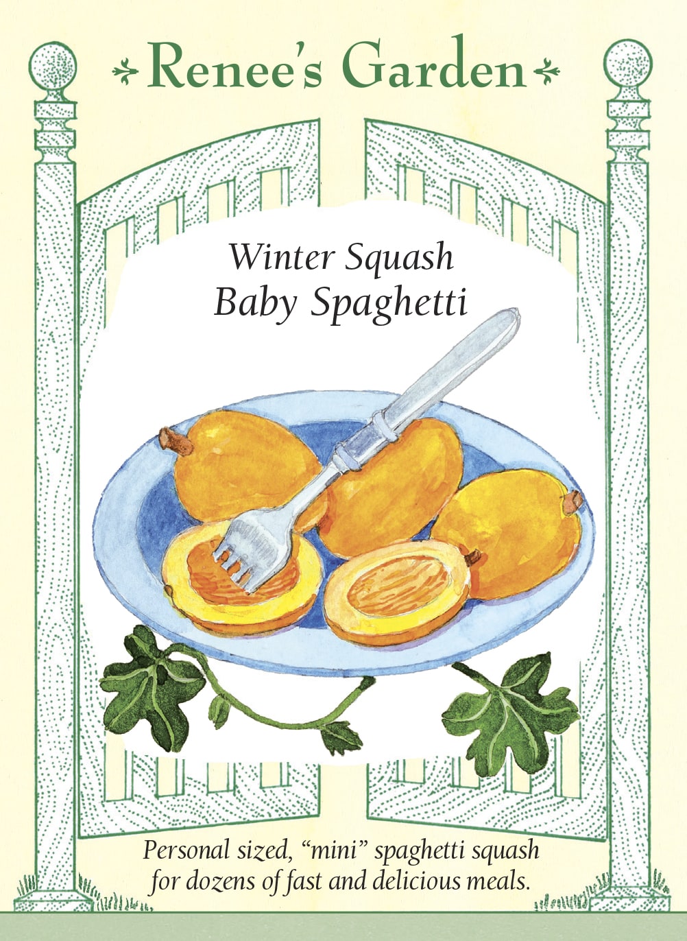 Visuel officiel de Renee's Garden pour les semences « Courge spaghetti ‘Baby Spaghetti’ », référence RN5511. Cette petite courge spaghetti mesure environ 10 à 13 cm (4 à 5 po). Les fruits dorés poussent sur des tiges relativement compactes qui peuvent être guidées sur un support. Après cuisson, la chair se détache en filaments. Le semencier souligne le petit format des fruits et leur aptitude à la conservation après récolte.