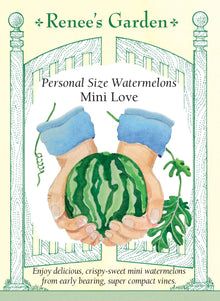 Visuel officiel de Renee's Garden pour les semences « Melon d’eau ‘Mini Love’ », référence RN5512. Ce melon d’eau porte de petits fruits rayés de vert, à chair rouge et à graines peu nombreuses. Le semencier annonce environ 10 à 15 cm (4 à 6 po) de diamètre et 1,4 à 2,7 kg (3 à 6 lb). Les tiges compactes sont proposées pour les grands contenants et les petits jardins.