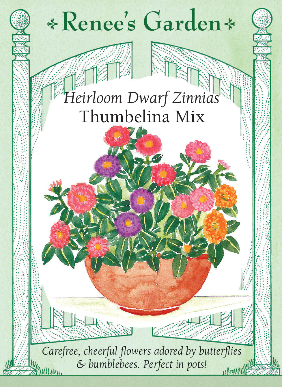Visuel officiel de Renee's Garden associé aux semences de Zinnias nains en mélange Thumbelina, référence RN5523. Les plantes ramifiées atteignent environ 30 à 40 cm (12 à 16 po). Les fleurs semi-doubles et doubles mesurent environ 5 cm (2 po) et présentent des tons roses, saumon, lavande, pourpres, orange, rouges et jaunes.
