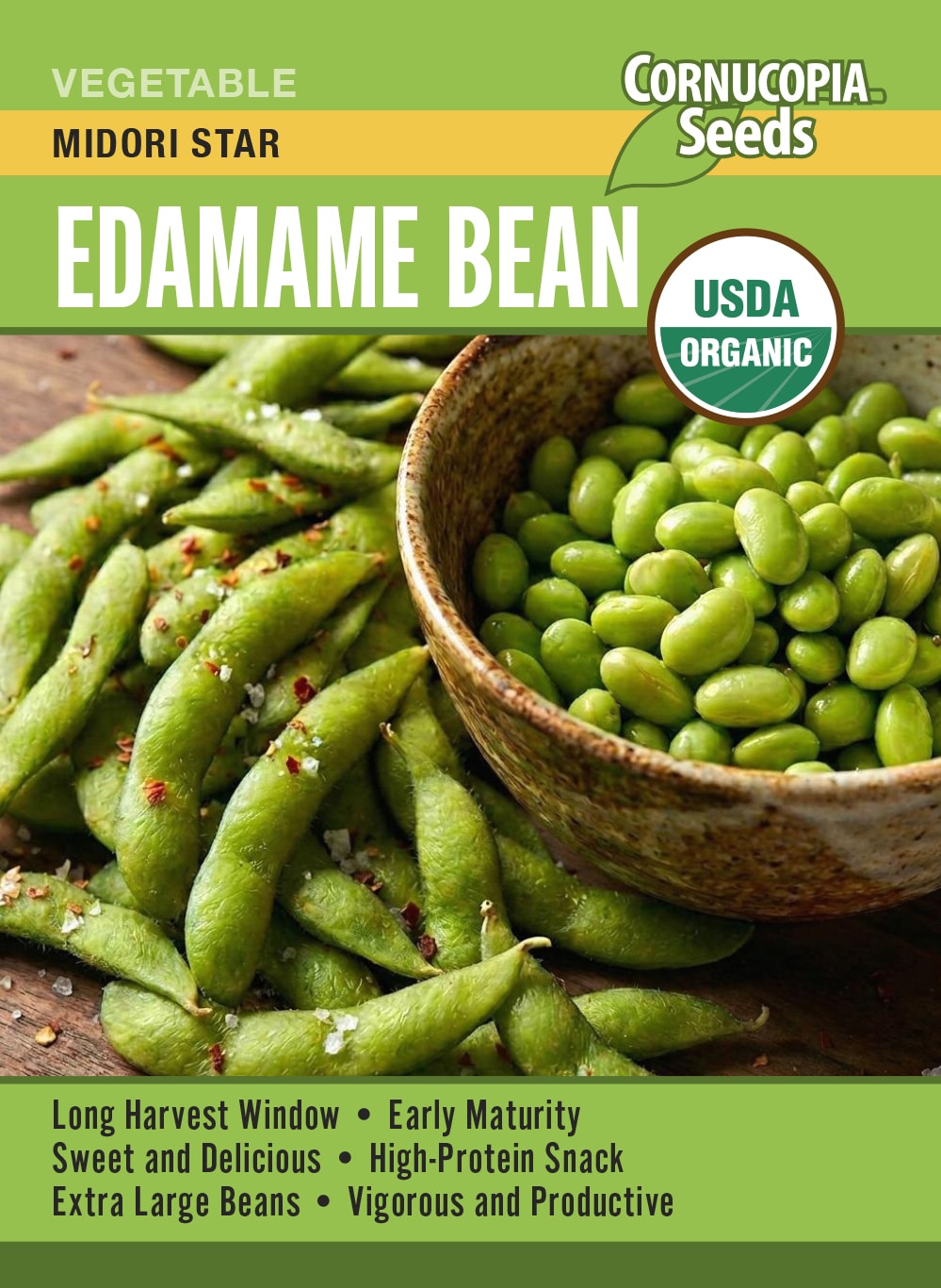 Visuel officiel de Cornucopia associé aux semences de Soya edamame ‘Midori Star’, référence CS552. Ce soya se récolte lorsque les gousses sont encore vertes et que les grains sont bien formés. Il demande de la chaleur et un sol fertile, drainé et régulièrement humide. Les grains sont destinés à la préparation d’edamames cuits.