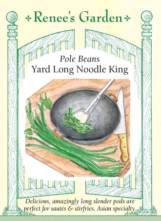 Visuel officiel de Renee's Garden pour les semences « Dolique asperge ‘Noodle King’ », référence RN5530. Ce dolique forme des gousses vertes particulièrement longues, atteignant environ 30 à 46 cm (12 à 18 po). Le semencier présente ‘Noodle King’ comme une sélection plus hâtive que plusieurs autres doliques asperges. Les gousses sont décrites comme croquantes et juteuses. Elles conviennent aux sautés et aux cuissons rapides, qui permettent de conserver leur texture sans prolonger inutilement la cuisson.