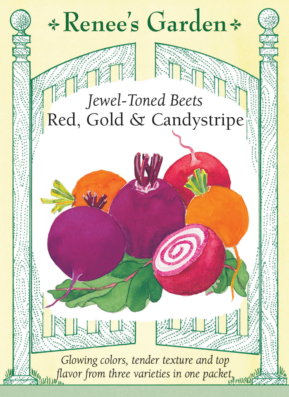 Visuel officiel de Renee's Garden pour les semences « Betteraves en mélange Jewel-Toned Blend », référence RN5570. Cette sélection associe des betteraves bourgogne, dorées et annelées. Le mélange annoncé comprend ‘Chioggia Guardsmark’, ‘Golden’ et ‘Kestrel’. Les racines lisses offrent une saveur douce et terreuse et peuvent être récoltées à différents calibres.