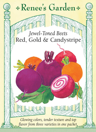 Visuel officiel de Renee's Garden pour les semences « Betteraves en mélange Jewel-Toned Blend », référence RN5570. Cette sélection associe des betteraves bourgogne, dorées et annelées. Le mélange annoncé comprend ‘Chioggia Guardsmark’, ‘Golden’ et ‘Kestrel’. Les racines lisses offrent une saveur douce et terreuse et peuvent être récoltées à différents calibres.