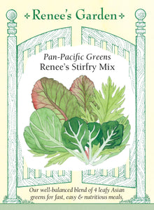 Visuel officiel de Renee's Garden pour les semences « Verdure en mélange Renee’s Stirfry Mix », référence RN5605. Ce mélange contient à parts égales de la moutarde rouge, du mizspoona, du pak-choï et du chou-feuille rouge asiatique. Il réunit des feuilles de couleurs et de textures variées, destinées notamment aux sautés rapides. Le semencier indique que les feuilles peuvent aussi être récoltées jeunes pour les salades. Chaque composante conserve ses caractéristiques propres.