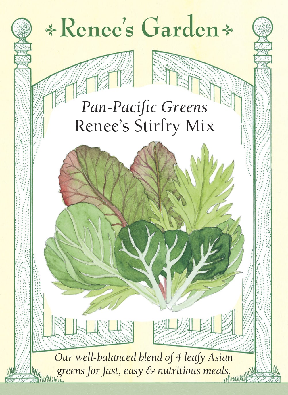 Visuel officiel de Renee's Garden pour les semences « Verdure en mélange Renee’s Stirfry Mix », référence RN5605. Ce mélange contient à parts égales de la moutarde rouge, du mizspoona, du pak-choï et du chou-feuille rouge asiatique. Il réunit des feuilles de couleurs et de textures variées, destinées notamment aux sautés rapides. Le semencier indique que les feuilles peuvent aussi être récoltées jeunes pour les salades. Chaque composante conserve ses caractéristiques propres.