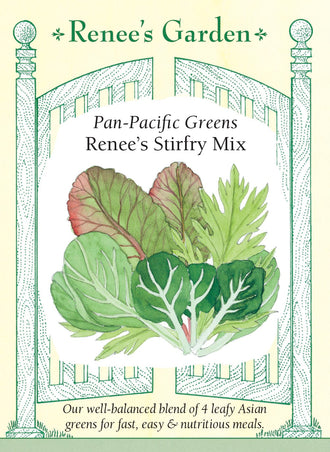 Visuel officiel de Renee's Garden pour les semences « Verdure en mélange Renee’s Stirfry Mix », référence RN5605. Ce mélange contient à parts égales de la moutarde rouge, du mizspoona, du pak-choï et du chou-feuille rouge asiatique. Il réunit des feuilles de couleurs et de textures variées, destinées notamment aux sautés rapides. Le semencier indique que les feuilles peuvent aussi être récoltées jeunes pour les salades. Chaque composante conserve ses caractéristiques propres.