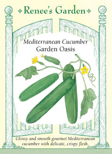 Visuel officiel de Renee's Garden pour les semences « Concombre ‘Garden Oasis’ », référence RN5622. Cet hybride de type Beit Alpha porte des fruits vert moyen, lisses et lustrés, longs d’environ 13 à 20 cm (5 à 8 po). La peau très fine entoure une chair pâle et juteuse. Le semencier indique une variété parthénocarpique, à production précoce. Les fruits conviennent surtout aux préparations fraîches qui mettent en valeur leur texture délicate.