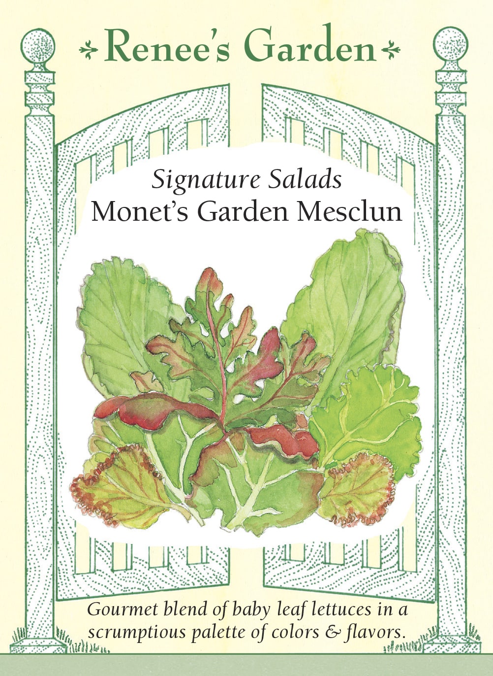 Visuel officiel de Renee's Garden pour les semences « Laitues en mélange Monet’s Garden », référence RN5652. Cette sélection comprend à parts égales ‘Little Gem’, ‘Dutch Redina’, ‘Rouge Grenobloise’, ‘Red Salad Bowl’ et ‘Tango’. Elle associe de petites romaines, des laitues frisées et des batavias aux couleurs variées. Le semencier recommande de récolter les jeunes feuilles par coupe. Le mélange permet de réunir plusieurs textures dans une même salade.