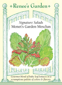 Visuel officiel de Renee's Garden pour les semences « Laitues en mélange Monet’s Garden », référence RN5652. Cette sélection comprend à parts égales ‘Little Gem’, ‘Dutch Redina’, ‘Rouge Grenobloise’, ‘Red Salad Bowl’ et ‘Tango’. Elle associe de petites romaines, des laitues frisées et des batavias aux couleurs variées. Le semencier recommande de récolter les jeunes feuilles par coupe. Le mélange permet de réunir plusieurs textures dans une même salade.