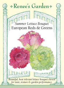 Visuel officiel de Renee's Garden pour les semences « Laitues en mélange Summer Bouquet Trio », référence RN5670. Ce trio réunit ‘Redina’, aux feuilles rouges frisées, ‘Nevada’, aux grandes feuilles vertes lustrées, et ‘Cardinale’, aux feuilles bourgogne entourant un cœur vert. Le semencier les a retenues notamment pour leur tenue par temps chaud. Les trois variétés présentent des rosettes différentes et peuvent être récoltées selon leur développement individuel.