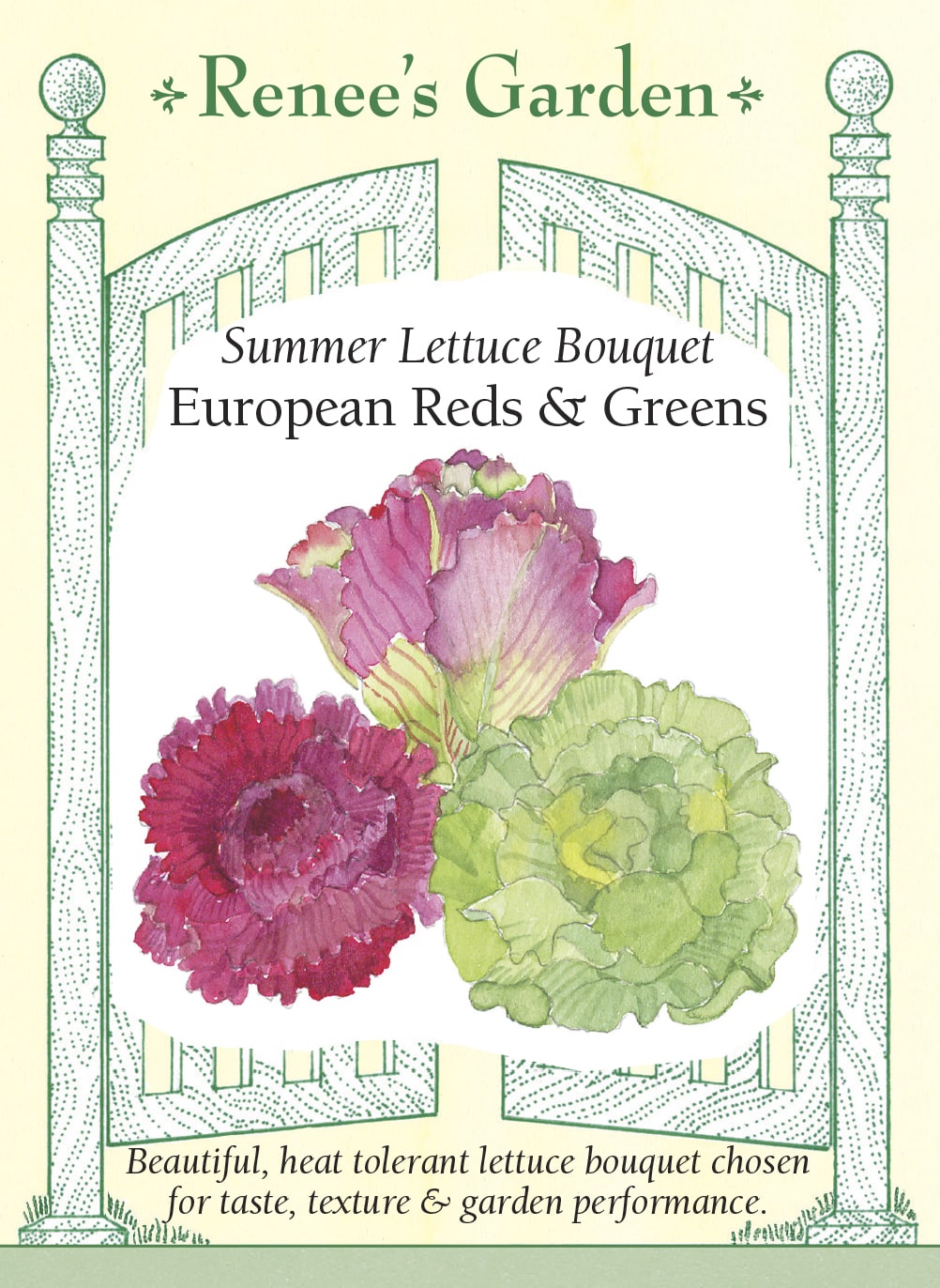 Visuel officiel de Renee's Garden pour les semences « Laitues en mélange Summer Bouquet Trio », référence RN5670. Ce trio réunit ‘Redina’, aux feuilles rouges frisées, ‘Nevada’, aux grandes feuilles vertes lustrées, et ‘Cardinale’, aux feuilles bourgogne entourant un cœur vert. Le semencier les a retenues notamment pour leur tenue par temps chaud. Les trois variétés présentent des rosettes différentes et peuvent être récoltées selon leur développement individuel.