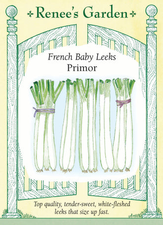 Visuel officiel de Renee's Garden pour les semences « Poireau ‘Primor’ », référence RN5675. Cette sélection française précoce développe de longs fûts blancs et tendres, sans former de bulbe marqué. Le semencier propose de récolter certains plants jeunes, à environ 13 mm (1/2 po) de diamètre, ou de les laisser grossir. La chair douce se prête à la cuisson au gril et aux préparations habituelles de poireaux.