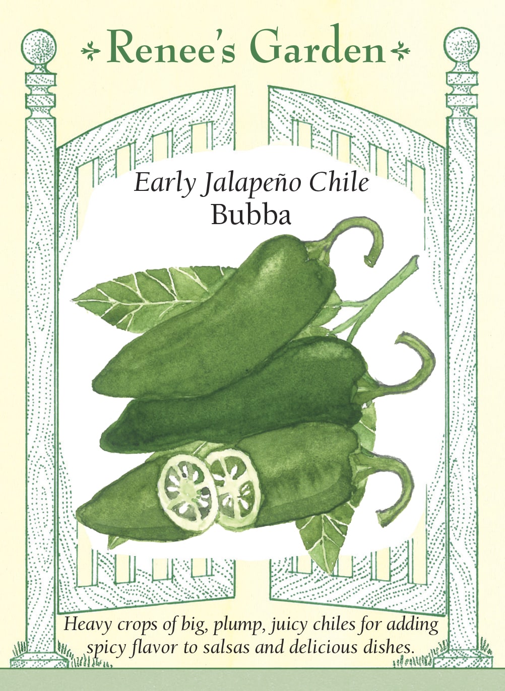 Visuel officiel de Renee's Garden pour les semences « Piment jalapeño ‘Bubba’ », référence RN5684. ‘Bubba’ porte des fruits épais et lustrés d’environ 8 à 9 cm (3 à 3,5 po), sur des plants compacts. Le semencier les situe autour de 20 000 unités Scoville, une valeur qui peut varier selon les conditions. Les fruits se récoltent verts ou rouges et peuvent être farcis ou incorporés aux sauces.