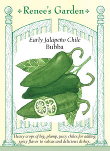 Visuel officiel de Renee's Garden pour les semences « Piment jalapeño ‘Bubba’ », référence RN5684. ‘Bubba’ porte des fruits épais et lustrés d’environ 8 à 9 cm (3 à 3,5 po), sur des plants compacts. Le semencier les situe autour de 20 000 unités Scoville, une valeur qui peut varier selon les conditions. Les fruits se récoltent verts ou rouges et peuvent être farcis ou incorporés aux sauces.
