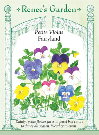 Visuel officiel de Renee's Garden associé aux semences de Pensées en mélange Fairyland, référence RN5690. Ce mélange offre de petites fleurs aux couleurs variées au-dessus d’un feuillage vert. Les plantes conviennent à l’avant des bordures et aux contenants. Les fleurs comestibles peuvent servir de garnitures; leur saveur est décrite comme légèrement mentholée.