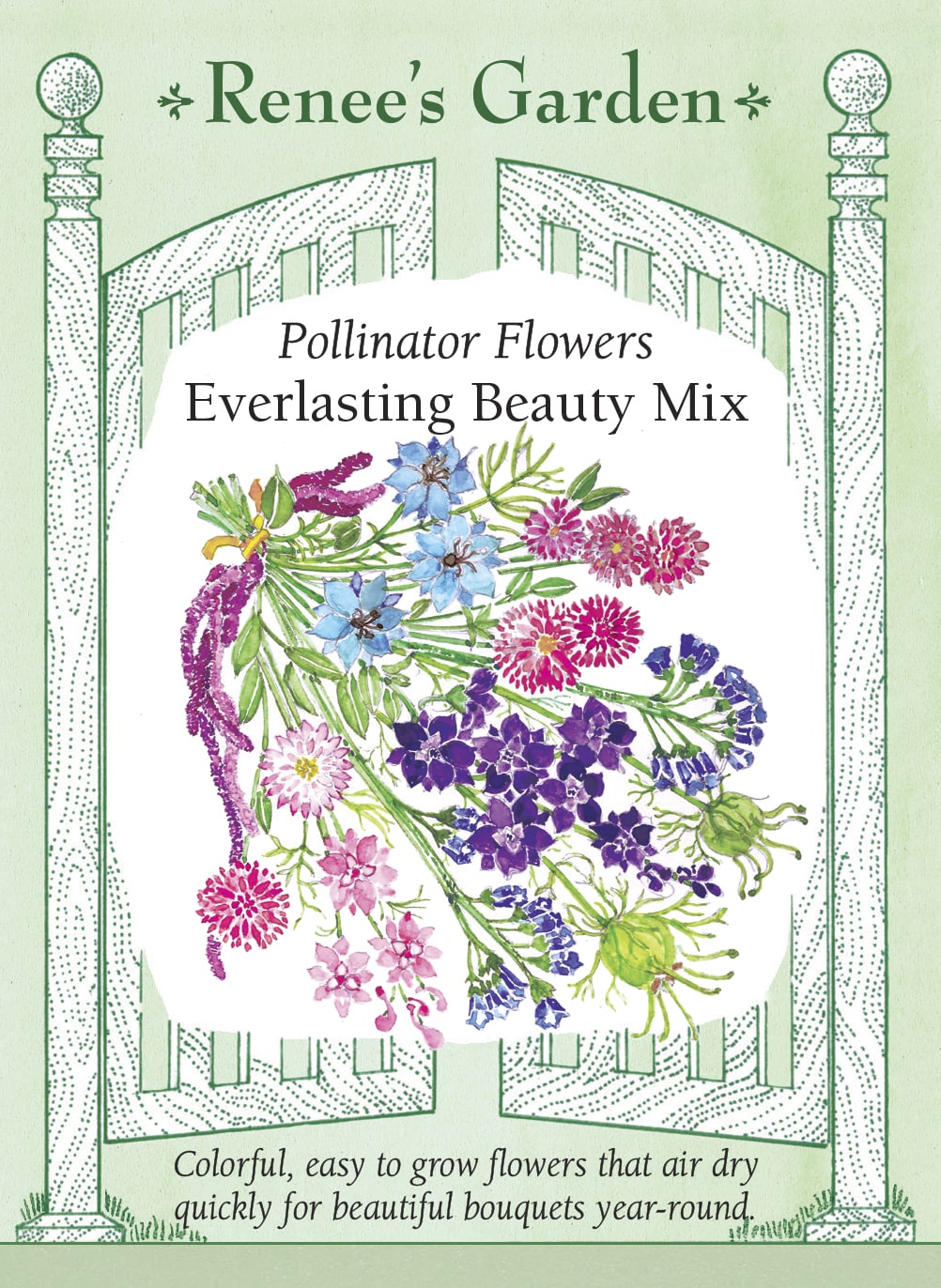 Visuel officiel de Renee's Garden associé aux semences de Mélange de fleurs Everlasting Beauty, référence RN5693. Ce mélange de fleurs annuelles destinées aux bouquets frais et secs comprend des amarantes, des immortelles, des héliptères, des pieds-d’alouette, des nigelles et des statices. Leurs formes variées permettent de préparer des arrangements décoratifs après séchage.