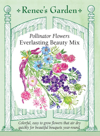 Visuel officiel de Renee's Garden associé aux semences de Mélange de fleurs Everlasting Beauty, référence RN5693. Ce mélange de fleurs annuelles destinées aux bouquets frais et secs comprend des amarantes, des immortelles, des héliptères, des pieds-d’alouette, des nigelles et des statices. Leurs formes variées permettent de préparer des arrangements décoratifs après séchage.