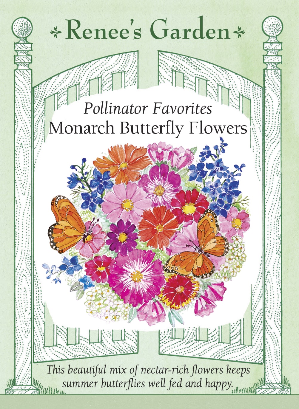 Visuel officiel de Renee's Garden associé aux semences de Mélange de fleurs Monarch, référence RN5699. Ce mélange destiné aux papillons réunit notamment des cosmos, des œillets de Chine, des scabieuses, des œillets d’Inde, des tithonias, des verveines et des zinnias. Les formes et les couleurs variées fournissent une succession de fleurs et des tiges pour les bouquets.