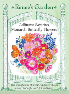 Visuel officiel de Renee's Garden associé aux semences de Mélange de fleurs Monarch, référence RN5699. Ce mélange destiné aux papillons réunit notamment des cosmos, des œillets de Chine, des scabieuses, des œillets d’Inde, des tithonias, des verveines et des zinnias. Les formes et les couleurs variées fournissent une succession de fleurs et des tiges pour les bouquets.