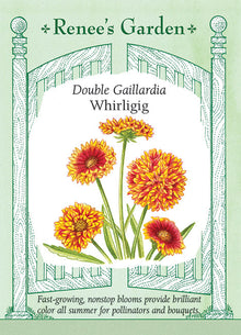 Visuel officiel de Renee's Garden associé aux semences de Gaillardes en mélange Whirligig, référence RN5702. Cette sélection porte des fleurs globuleuses combinant le rouge, l’acajou et le jaune doré. Les plants atteignent environ 45 à 60 cm (1,5 à 2 pi). Le semencier souligne une floraison prolongée et une bonne tenue à la chaleur. Les tiges peuvent être coupées pour des bouquets colorés.
