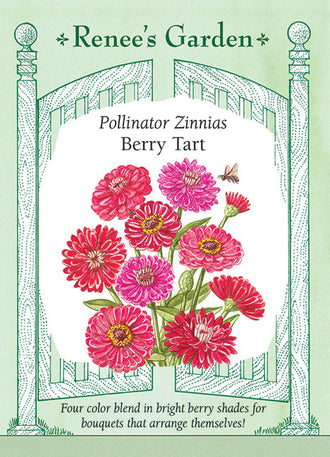 Visuel officiel de Renee's Garden associé aux semences de Zinnias en mélange Berry Tart, référence RN5706. Les fleurs doubles présentent quatre nuances : corail, écarlate, rouge cramoisi et rouge teinté de pourpre. Les plantes ramifiées atteignent environ 90 à 105 cm (3 à 3½ pi). Les fleurs conviennent aux bouquets et attirent les pollinisateurs.