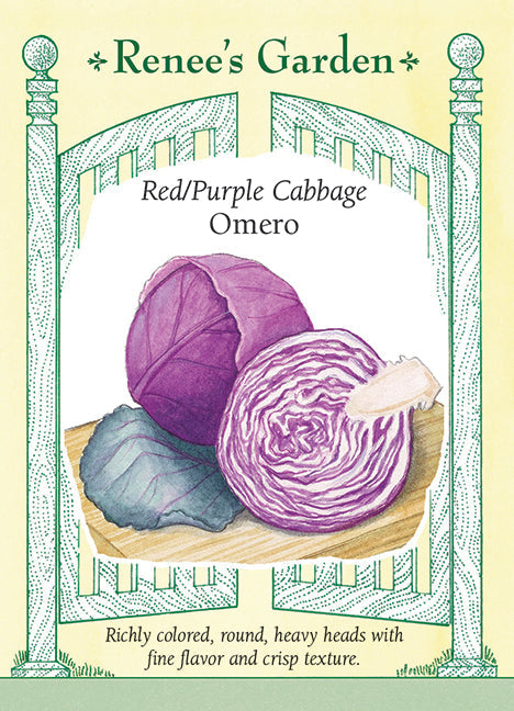 Visuel officiel de Renee's Garden pour les semences « Chou ‘Omero’ », référence RN5709. Cet hybride néerlandais produit des pommes arrondies, fermes et lourdes, d’environ 0,9 à 1,4 kg (2 à 3 lb). Des feuilles externes enveloppent les pommes pendant leur développement. Le semencier souligne leur texture très croquante et leur bonne tenue au jardin. Le chou peut être émincé pour une salade, poêlé avec des aromates ou intégré à une préparation aigre-douce.