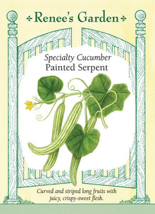 Visuel officiel de Renee's Garden pour les semences « Concombre arménien ‘Painted Serpent’ », référence RN5710. Les fruits allongés et courbés de cette sélection possèdent une peau rayée et une chair blanche croquante. Le semencier recommande une récolte à environ 25 à 30 cm (10 à 12 po). Ce « concombre » arménien appartient en réalité aux melons. Il apprécie la chaleur et se consomme frais, notamment en tranches dont les contours reprennent les côtes du fruit.