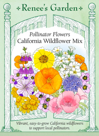 Visuel officiel de Renee's Garden associé aux semences de Mélange de fleurs California Native Mix, référence RN5716. Ce mélange réunit des espèces originaires de Californie, dont des gilias, des clarkias, des pavots de Californie et des némophiles. Les formes et les couleurs variées conviennent aux plantations d’allure naturelle. Les fleurs attirent les pollinisateurs et certaines plantes peuvent se ressemer.