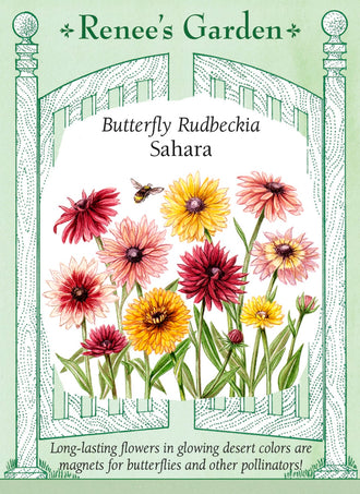 Visuel officiel de Renee's Garden associé aux semences de Rudbeckies en mélange Sahara, référence RN5728. Les fleurs d’environ 8 à 10 cm (3 à 4 po) présentent des tons de vieux rose, de cuivre, d’or, de chocolat et de bordeaux. Les plantes compactes atteignent environ 60 à 75 cm (2 à 2½ pi) et peuvent fleurir dès la première saison.