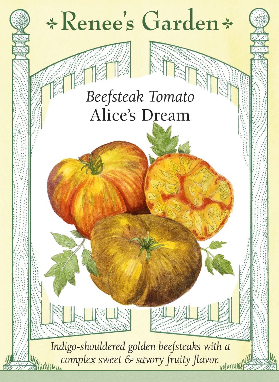 Visuel officiel de Renee's Garden pour les semences « Tomate ‘Alice’s Dream’ », référence RN5731. Cette tomate produit de gros fruits légèrement aplatis, jaune orangé, aux épaules pourpre indigo. La chair jaune est marbrée de rouge et décrite comme dense et charnue. Le semencier souligne une saveur équilibrée avec des notes fruitées. Les plants sont indéterminés; les fruits se prêtent aux tranches fraîches.